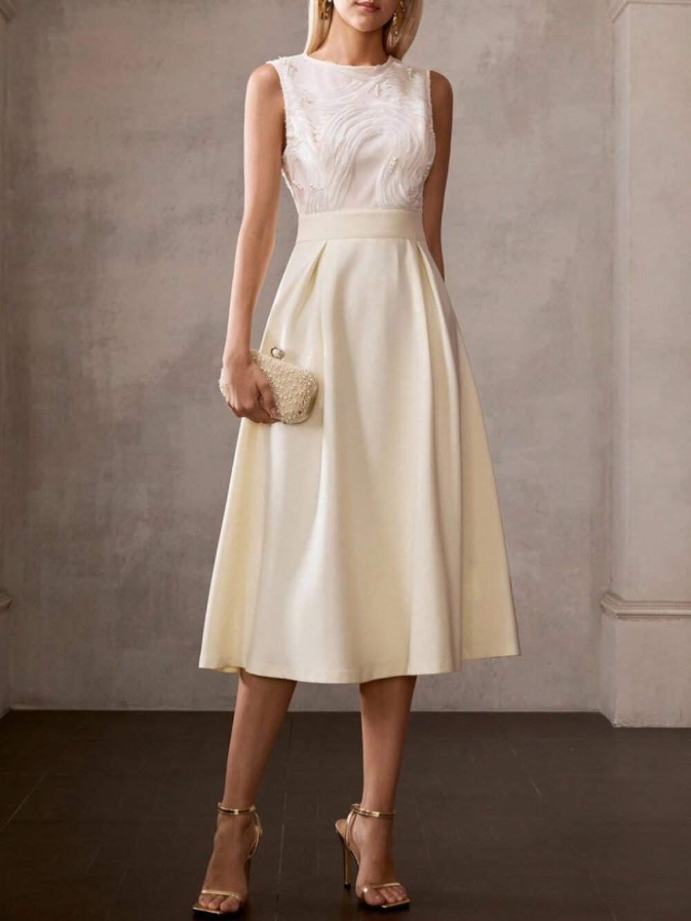 Ivory Beaded Applique and Swirly Crepe Bodice Sleeveless Midi Dress
